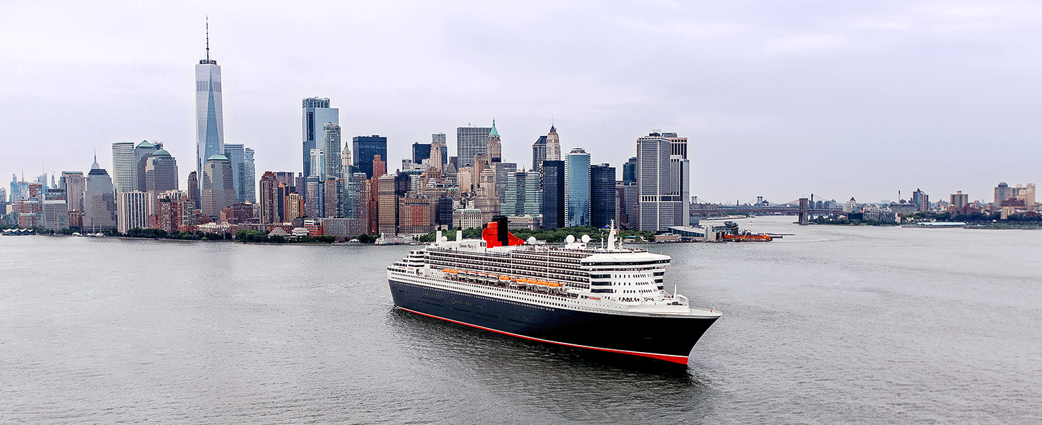 Cunard ship cruising away from New York City