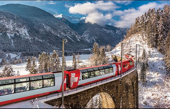 Glacier Express train on a scenic journey in Switzerland