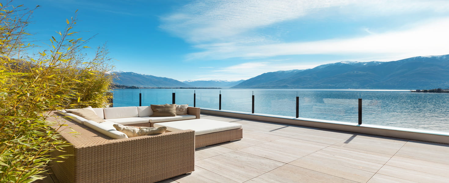 View of a lake from a luxury villa balcony